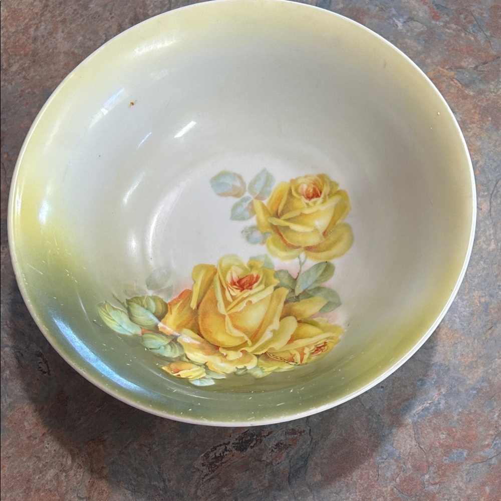Vintage PK Unity Germany serving bowl.  Green with yellow roses.  Approx. 8 1/2”